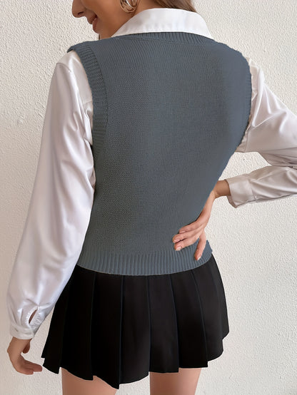 Comfortable Cable Knit Sweater Vest for Women with V Neck Sleeveless Ribbed Hem Preppy Style