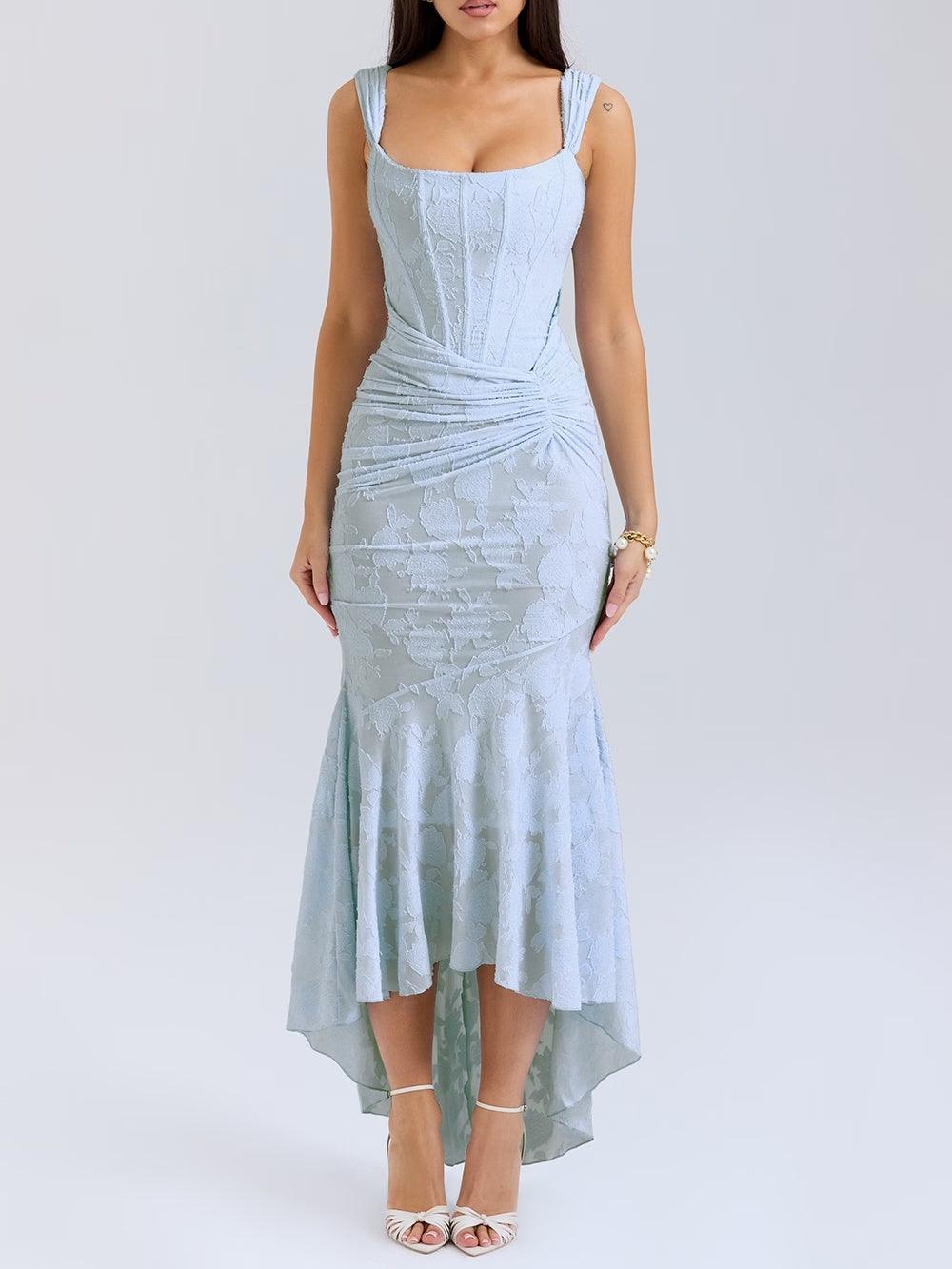 Elegant Lace Mermaid Dress for Women with Square Neck Sleeveless Corset Ruched Formal Wedding Guest Style