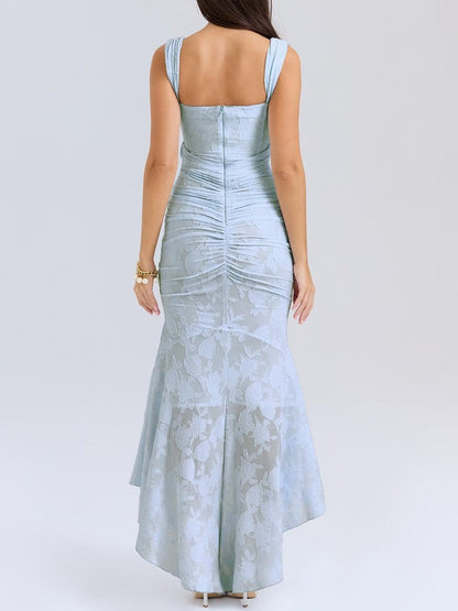 Elegant Lace Mermaid Dress for Women with Square Neck Sleeveless Corset Ruched Formal Wedding Guest Style