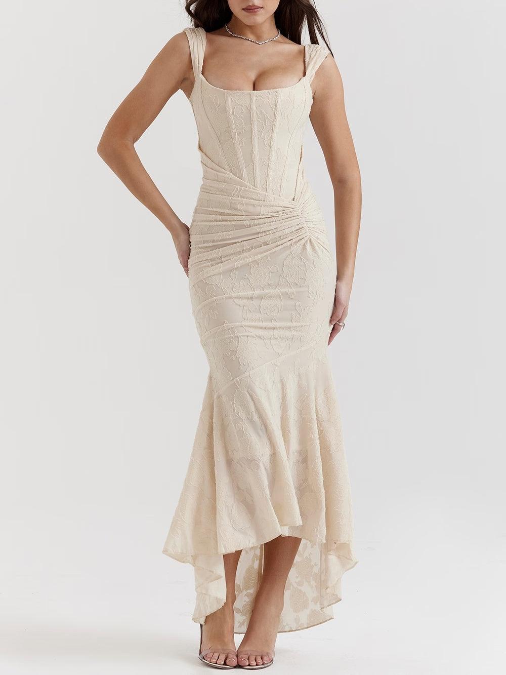Elegant Lace Mermaid Dress for Women with Square Neck Sleeveless Corset Ruched Formal Wedding Guest Style