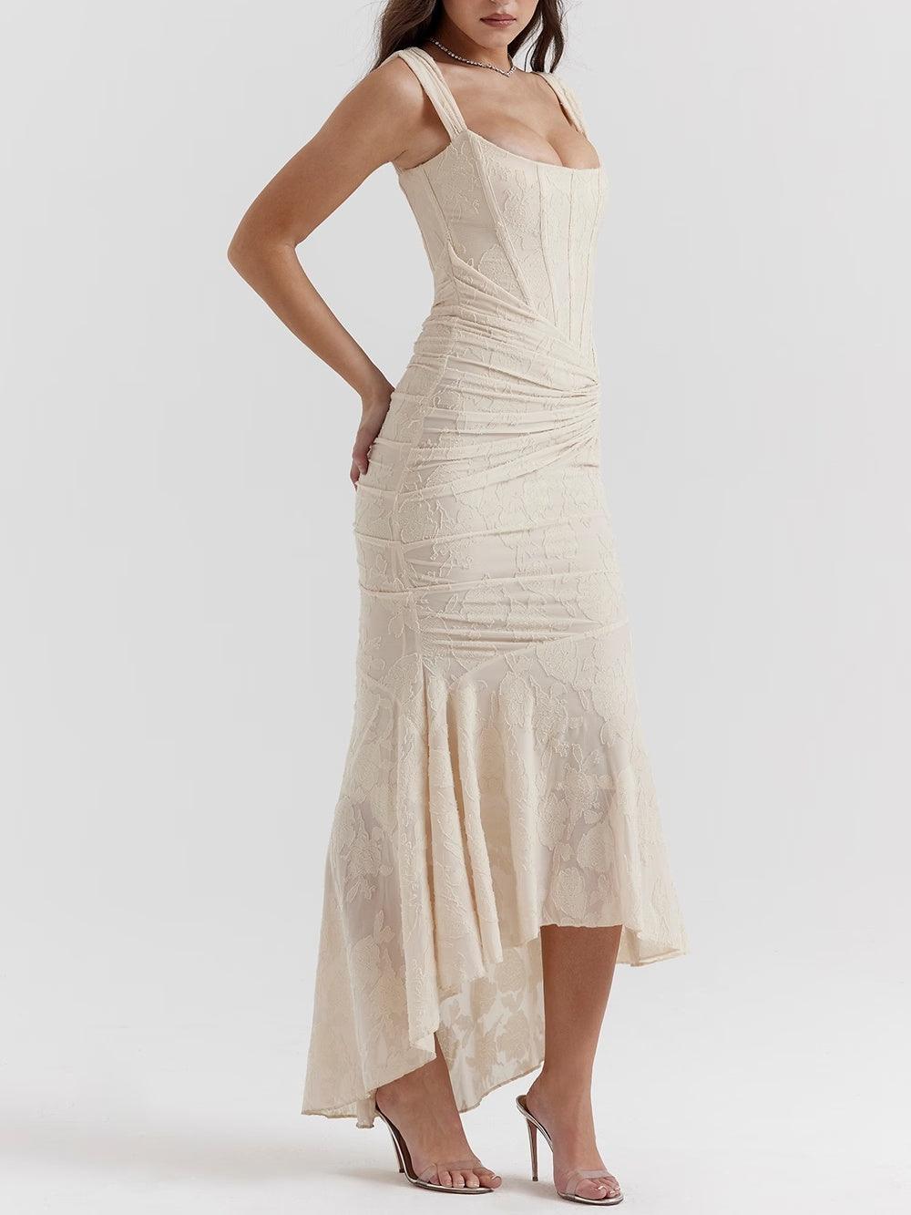 Elegant Lace Mermaid Dress for Women with Square Neck Sleeveless Corset Ruched Formal Wedding Guest Style