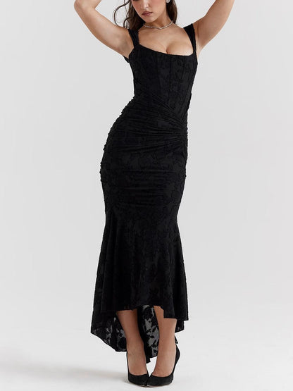 Elegant Lace Mermaid Dress for Women with Square Neck Sleeveless Corset Ruched Formal Wedding Guest Style