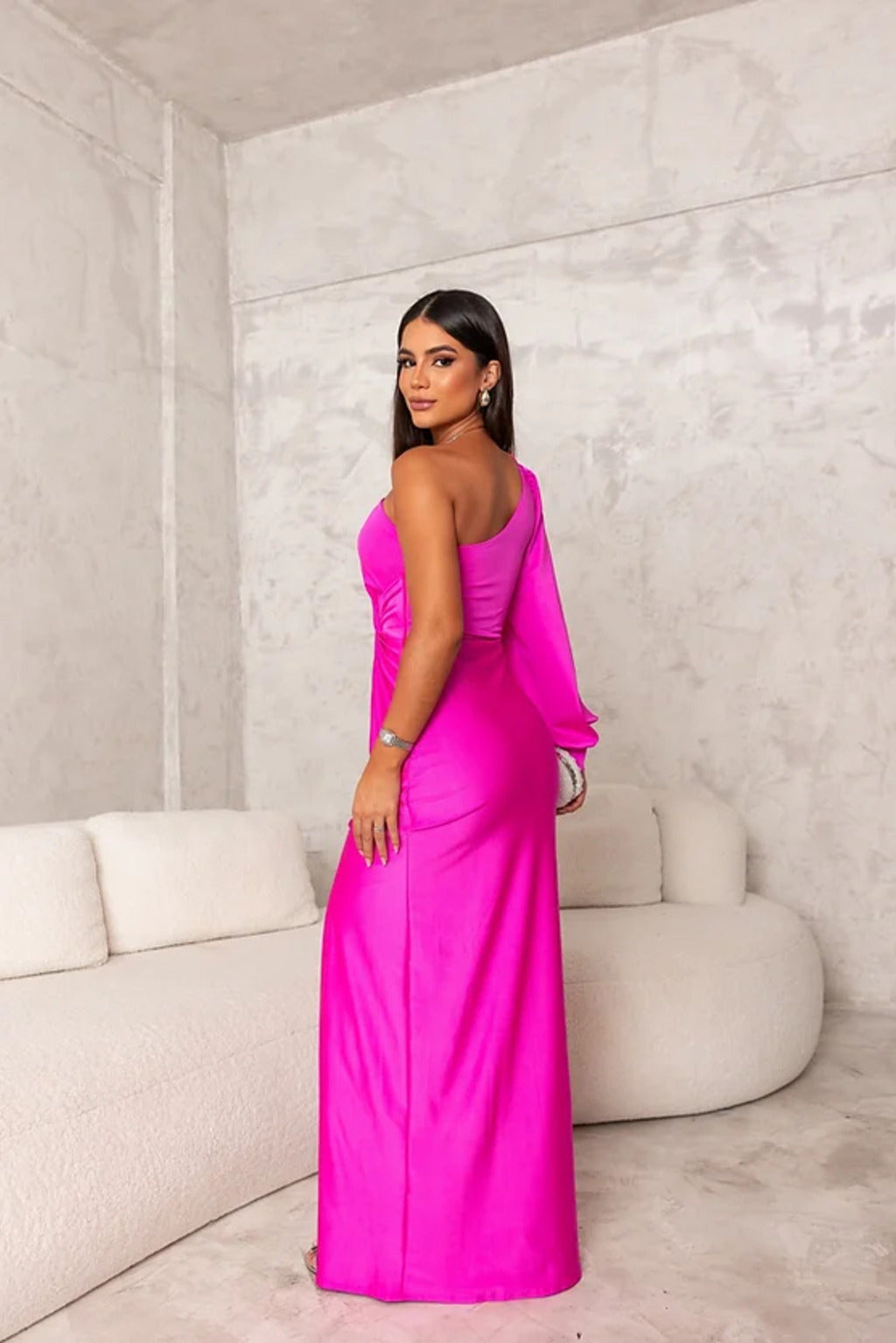 Elegant Satin Maxi Dress for Women with One Shoulder Long Sleeve Twist Front High Slit Cocktail Style