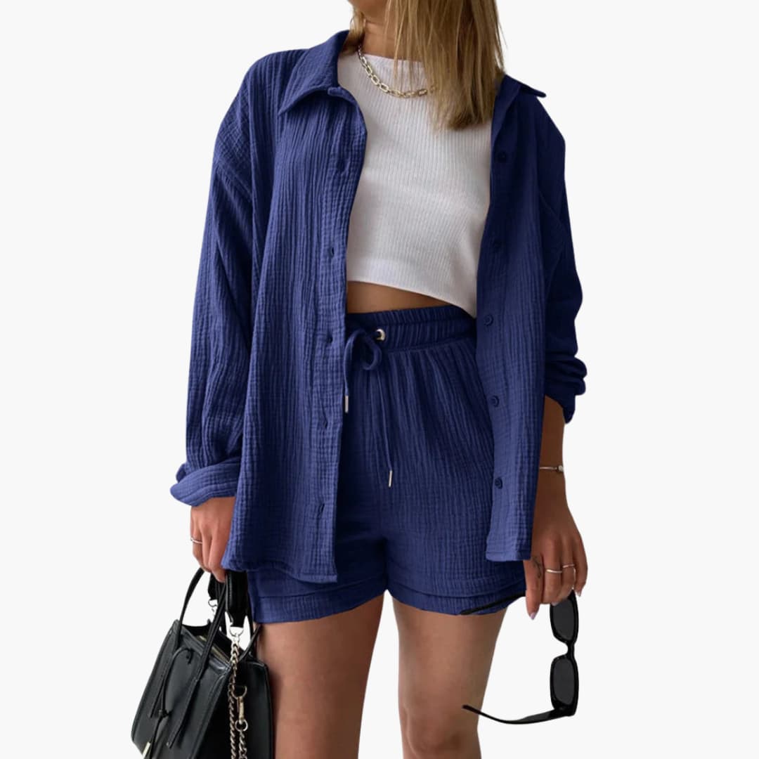 Effortless Crinkle Cotton Two Piece Set for Women with Collared Button Front Drawstring Shorts Relaxed Style