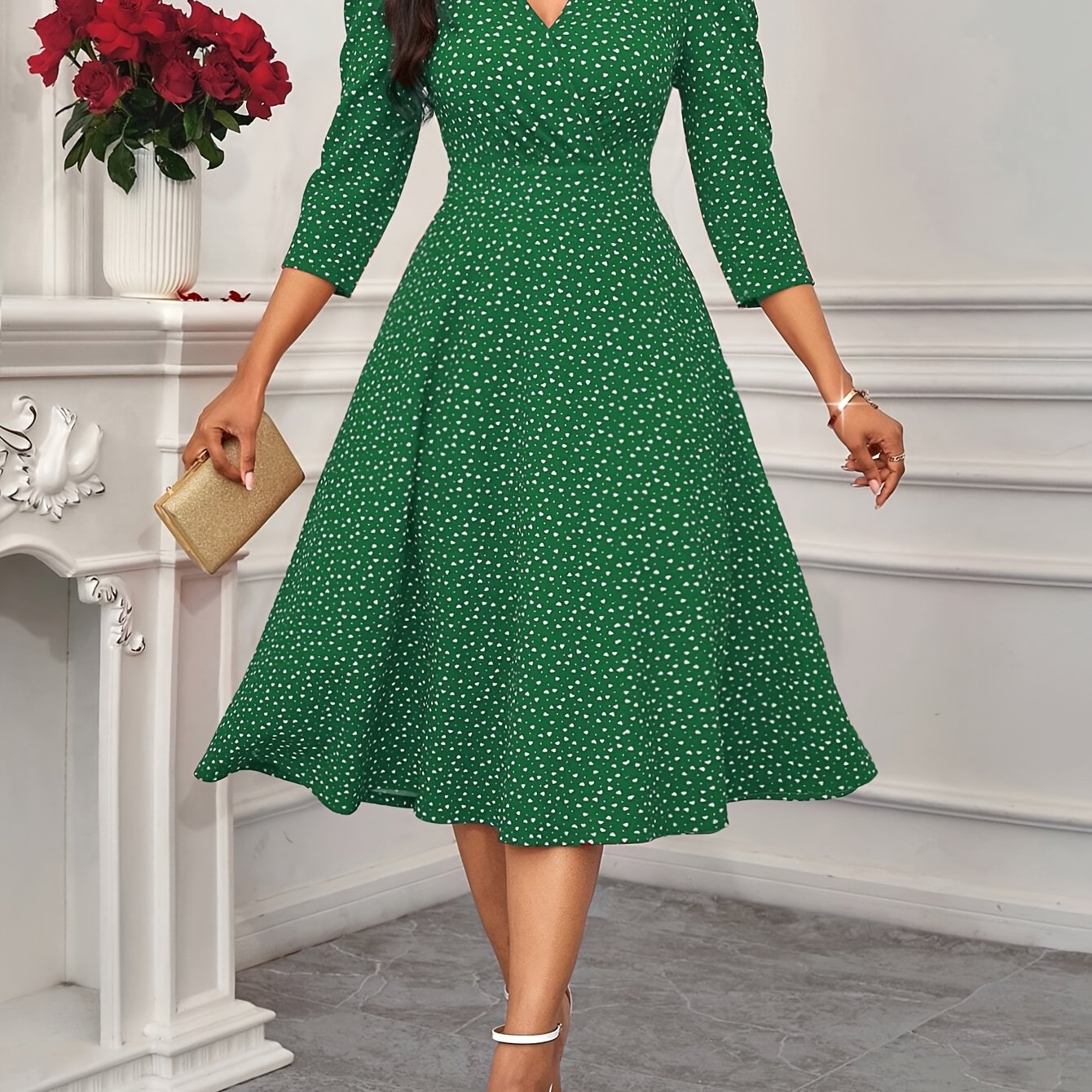 Elegant Green Polka Dot Midi Dress for Women with V Neck Elbow Sleeve Fit and Flare Wedding Guest Style