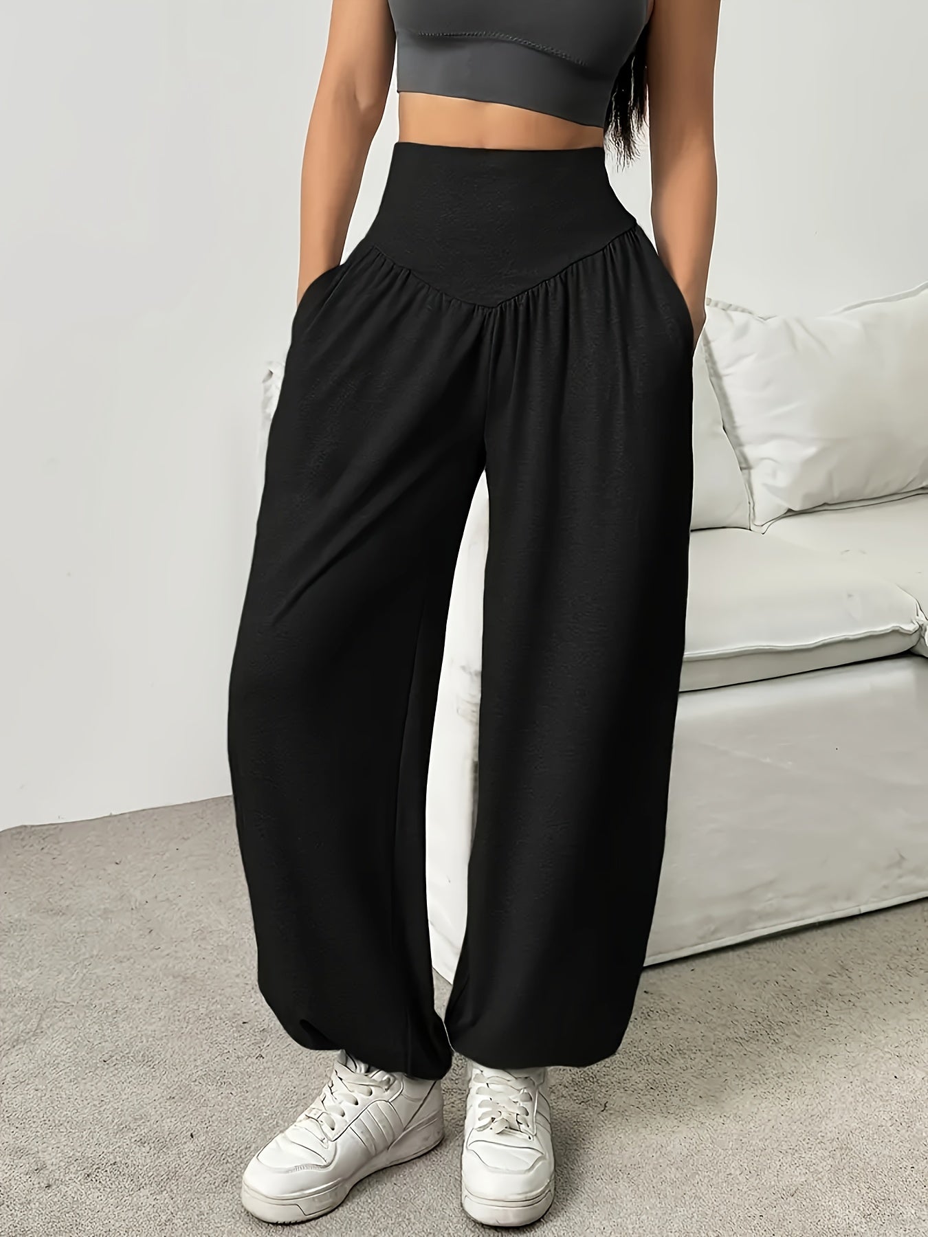 1pc Women'S High-Waist Comfortable Running Pants - Stretchy Soft Wide-Leg Casual Trousers, Suitable for Running And Fitness, Solid Color, All-Season