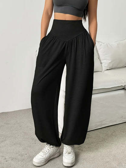 1pc Women'S High-Waist Comfortable Running Pants - Stretchy Soft Wide-Leg Casual Trousers, Suitable for Running And Fitness, Solid Color, All-Season