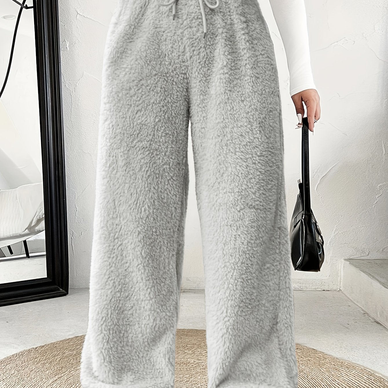 Plus Size -Adult Plus Size Clothing Autumn Winter Casual Reversible Plush Thick Warm Waistband Drawstring Loose Drape Wide Leg Pants