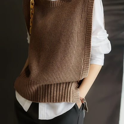 Comfortable Ribbed Sweater Vest for Women with Crew Neck Sleeveless Oversized Knit Style