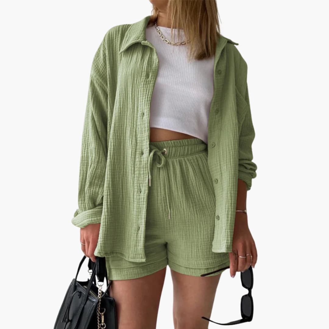Effortless Crinkle Cotton Two Piece Set for Women with Collared Button Front Drawstring Shorts Relaxed Style