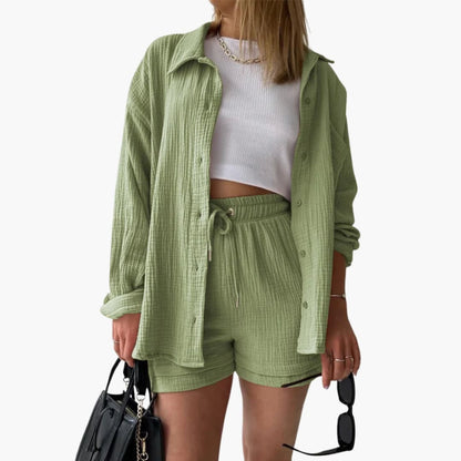 Effortless Crinkle Cotton Two Piece Set for Women with Collared Button Front Drawstring Shorts Relaxed Style