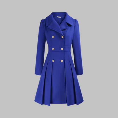 Elegant Wool Blend Pea Coat for Women with Notched Lapel Long Sleeve Double Breasted Pleated Fit and Flare Style