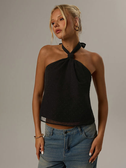 Effortless Black Swiss Dot Blouse for Women with Halter Neck Backless Bow Tie Flowing Tank Style