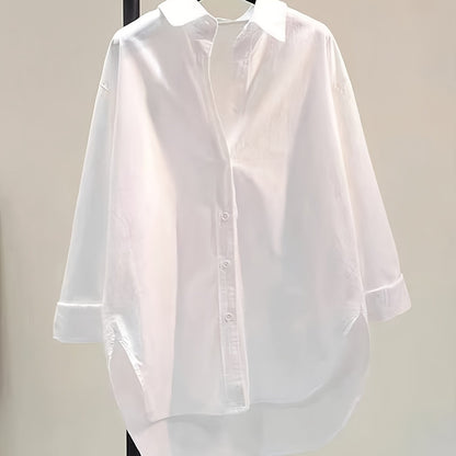 Effortless Cotton Blouse for Women with Point Collar Long Sleeve High Low Oversized Style
