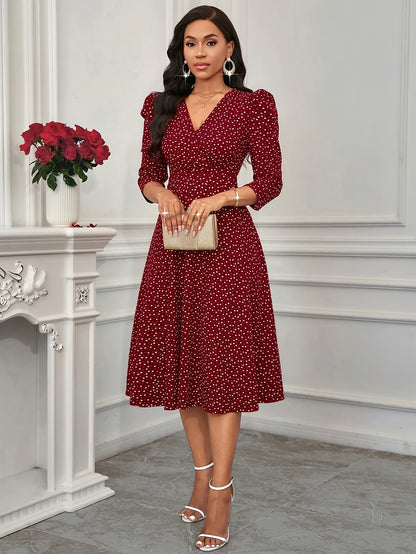 2026 New Valentine's Day/New Year Party/Suitable for Daily Work Wear/Suitable for All Seasons Elegant Fashion Versatile Daily Date V-Neck 3/4 Sleeve Waist Flared Long Red and Blue Women's Elegant Dress, Women's Polka Dot Small Heart Print Dress