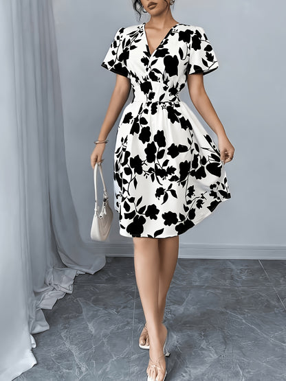 Elegant White Floral Midi Dress for Women with V Neck Flutter Sleeve Wrap Fit and Flare Style