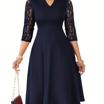 Autumn/Winter Women's Fashion Elegant V-Neck Lace Sleeve Three-Quarter Sleeve A-Line Midi Dress, Suitable for Formal Occasions, Cocktail Parties, and Gatherings