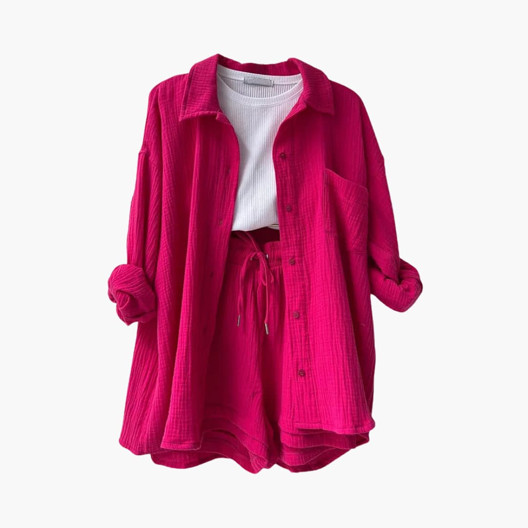 Effortless Crinkle Cotton Two Piece Set for Women with Collared Button Front Drawstring Shorts Relaxed Style