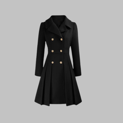 Elegant Wool Blend Pea Coat for Women with Notched Lapel Long Sleeve Double Breasted Pleated Fit and Flare Style
