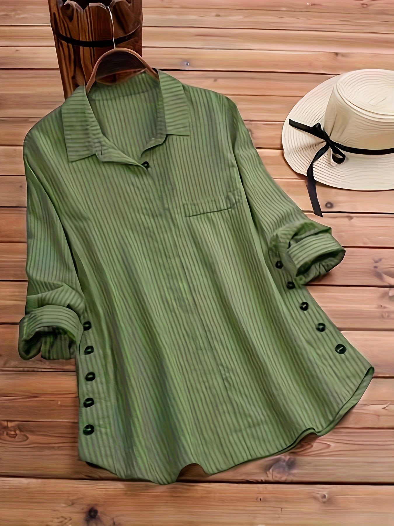 Effortless Striped Blouse for Women with Collar Long Sleeve Side Button Relaxed Style