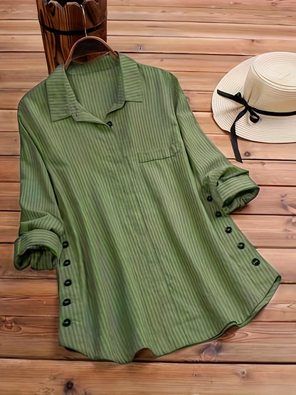 Effortless Striped Blouse for Women with Collar Long Sleeve Side Button Relaxed Style