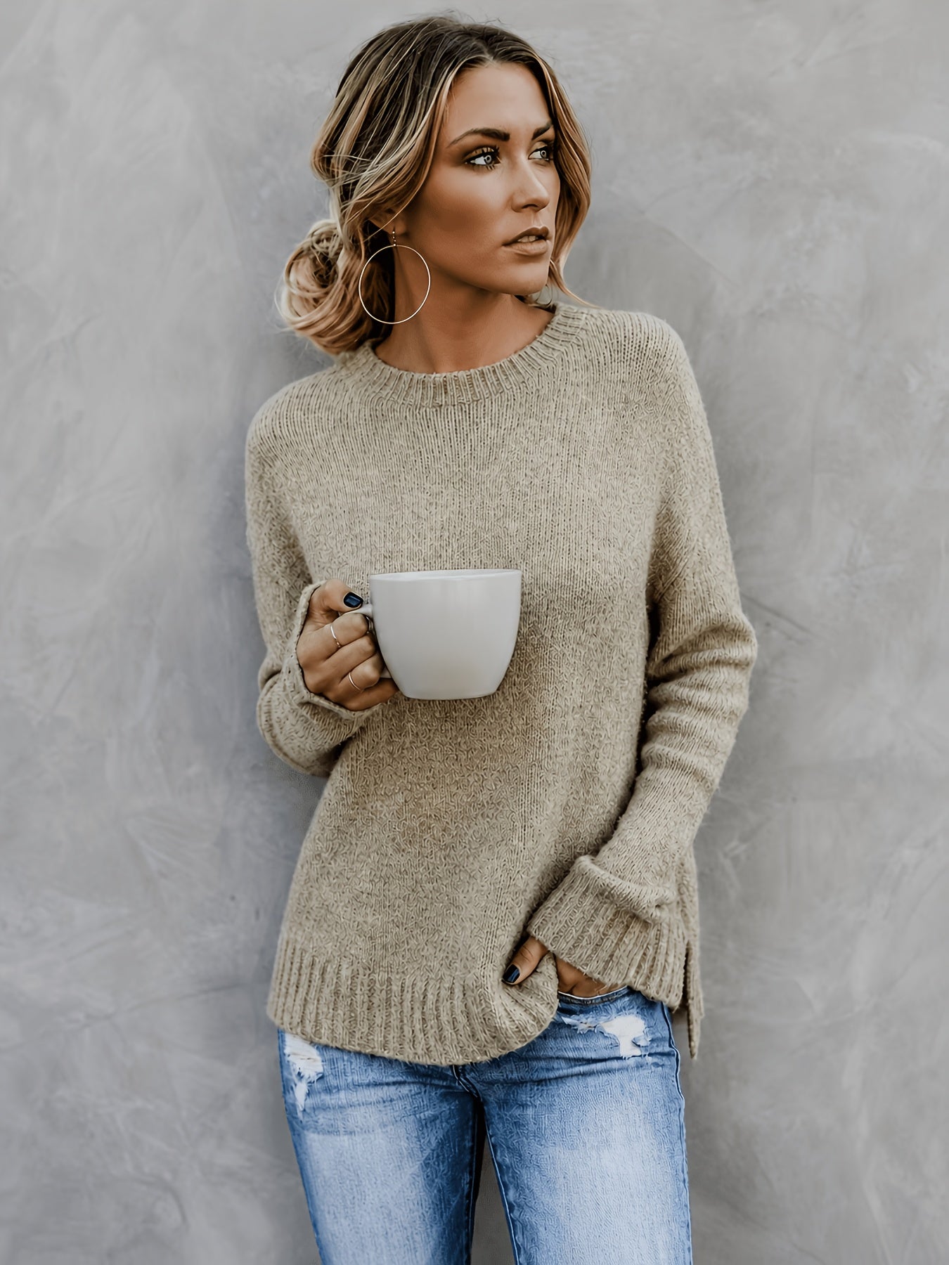 Comfortable Heathered Knit Sweater for Women with Crew Neck Long Sleeve Bell Cuff Oversized Relaxed Style