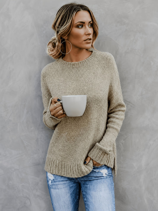 Comfortable Heathered Knit Sweater for Women with Crew Neck Long Sleeve Bell Cuff Oversized Relaxed Style