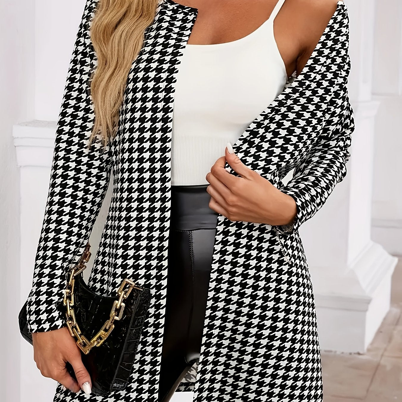 Elegant Houndstooth Cardigan for Women with Open Front Long Sleeve Longline Knit Style