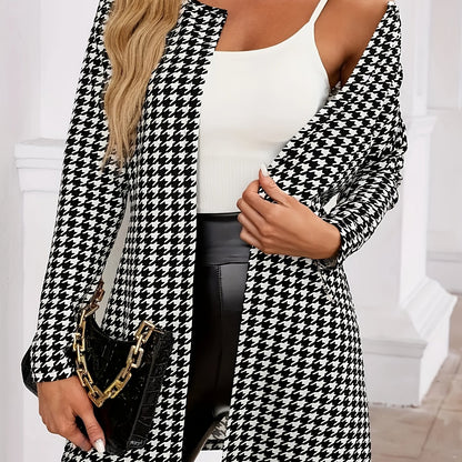 Elegant Houndstooth Cardigan for Women with Open Front Long Sleeve Longline Knit Style