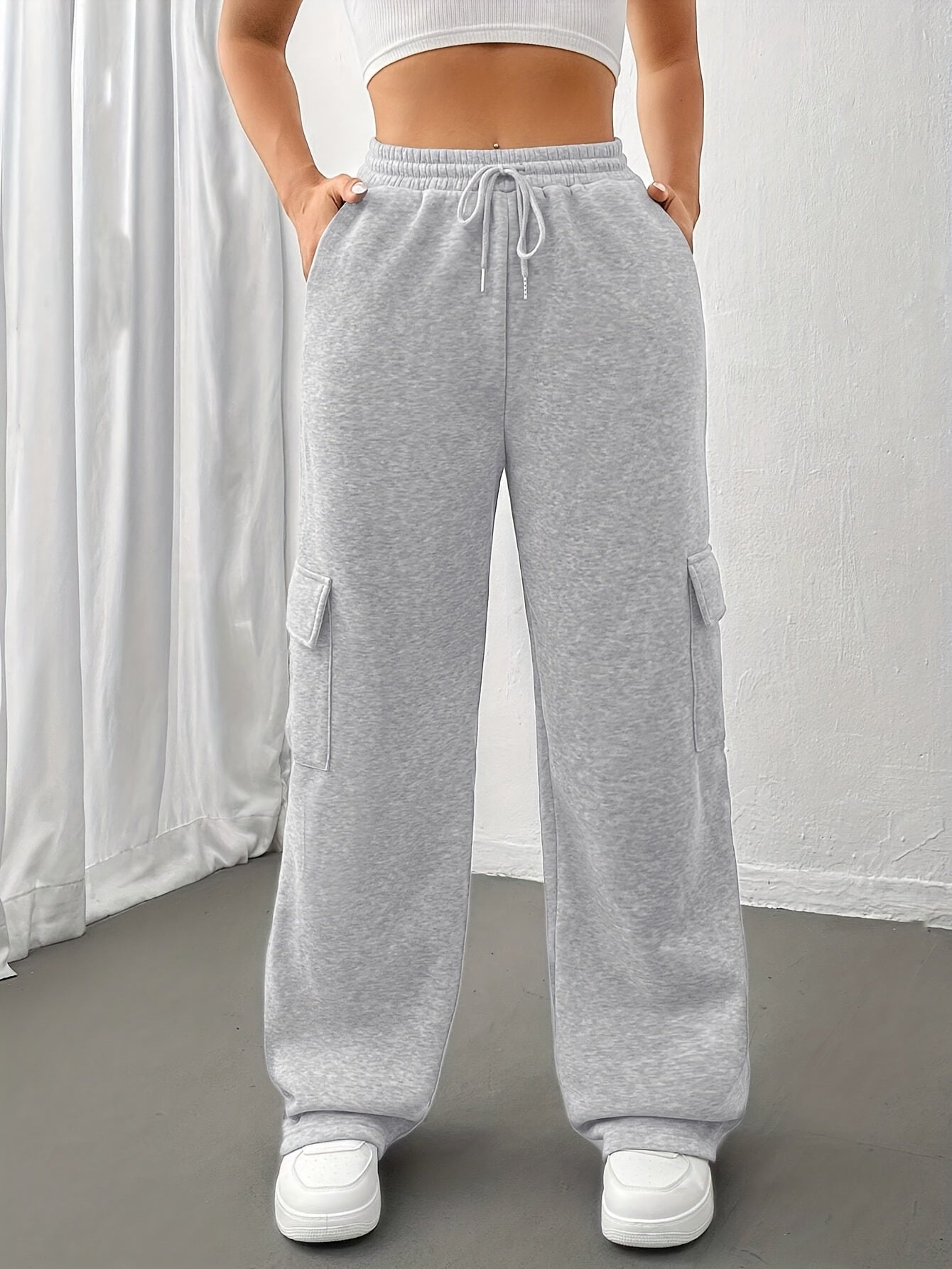 Comfortable Black Cargo Sweatpants for Women with High Waist Drawstring Flap Pocket Wide Leg Relaxed Style