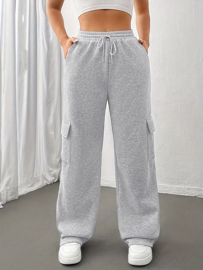 Comfortable Black Cargo Sweatpants for Women with High Waist Drawstring Flap Pocket Wide Leg Relaxed Style
