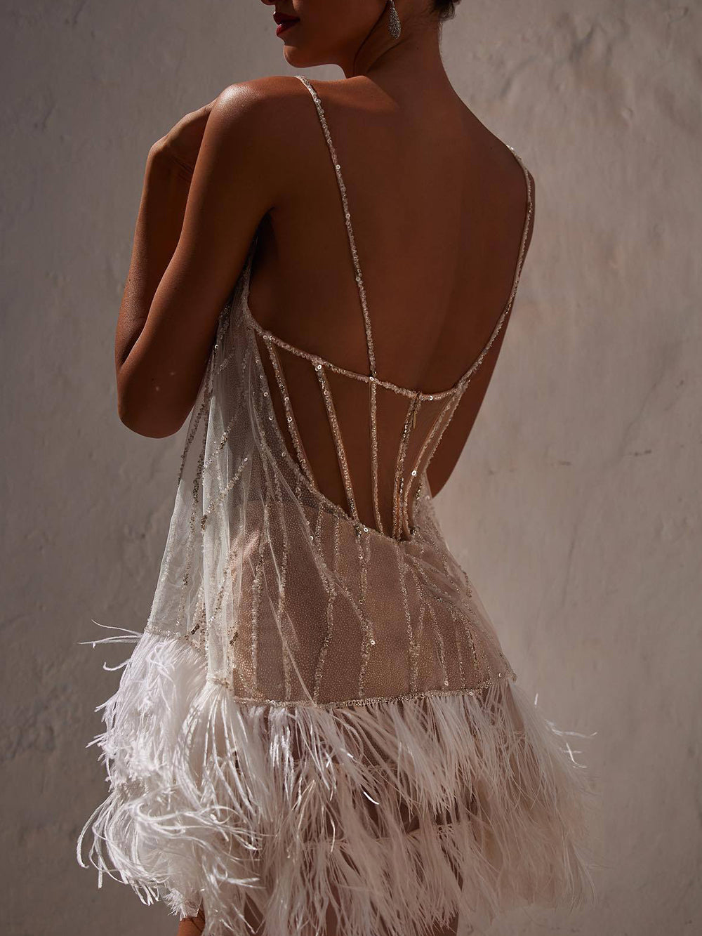 Elegant Apricot Sequin Feather Mini Dress for Women with Scoop Neck Spaghetti Strap Low Back Sparkle Party Style