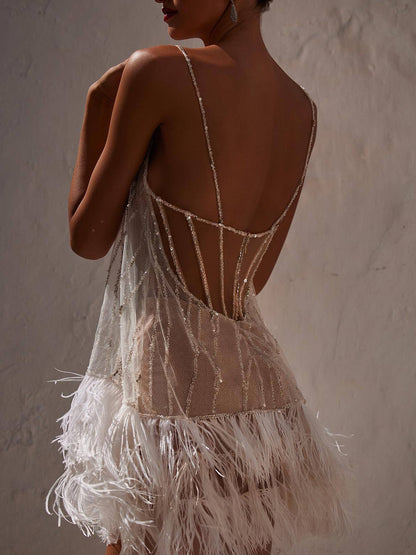 Elegant Apricot Sequin Feather Mini Dress for Women with Scoop Neck Spaghetti Strap Low Back Sparkle Party Style