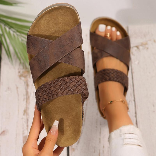 Comfortable Slide Sandals for Women with Crossover Woven Strap Cork Footbed Open Toe Style