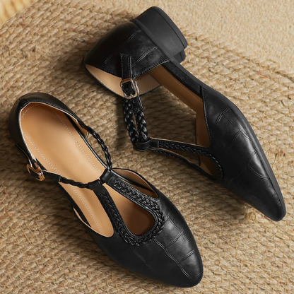 Elegant Croc Embossed Leather T-Strap Flats for Women with Pointed Toe Braided Strap Block Heel Style