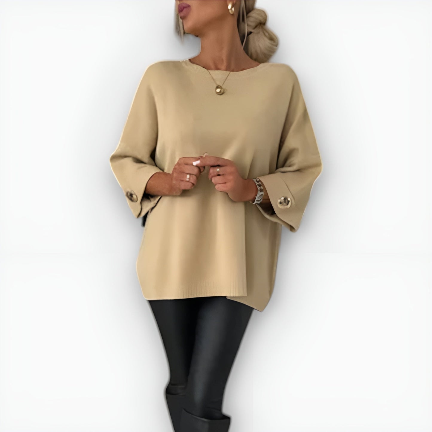 Comfortable Knit Sweater for Women with Round Neck Elbow Sleeve Button Cuff Oversized Style