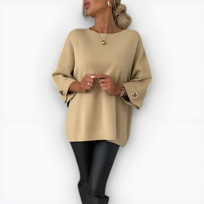 Comfortable Knit Sweater for Women with Round Neck Elbow Sleeve Button Cuff Oversized Style