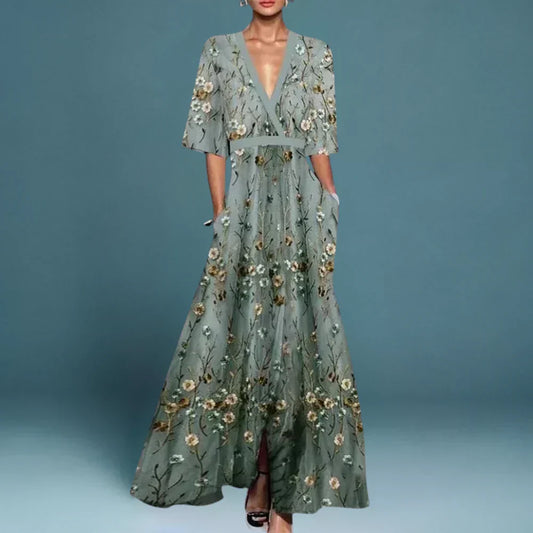 Elegant Floral Embroidered Maxi Dress for Women with V Neck Bell Sleeve Wrap High Slit Flowing Style