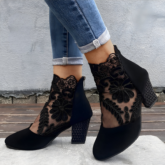 Elegant Lace Ankle Boot for Women with Floral Embroidery Mesh Block Heel Style
