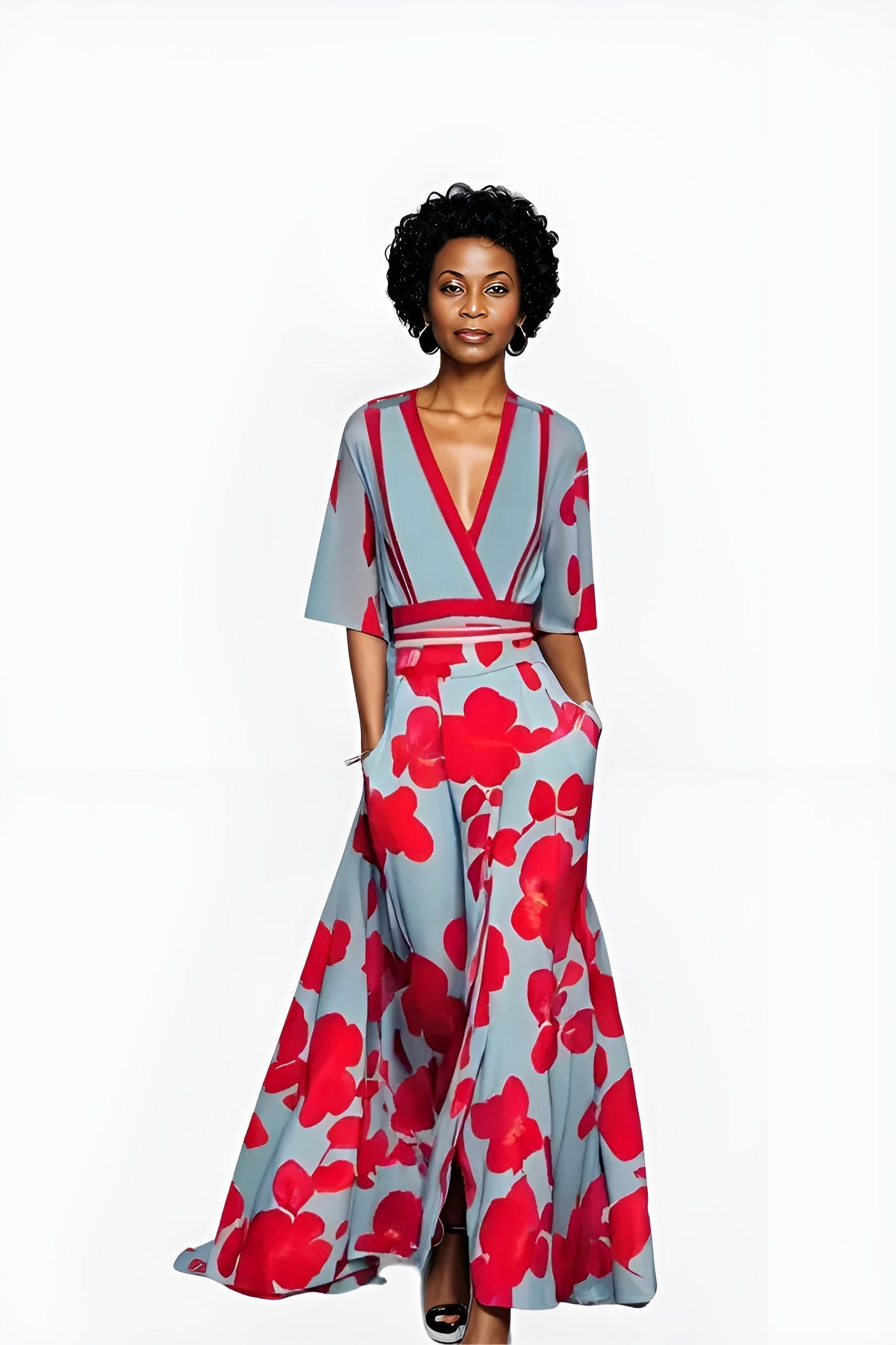 Elegant Blue Floral Jumpsuit for Women with Wrap V Neck Elbow Sleeve Wide Leg Belted Style