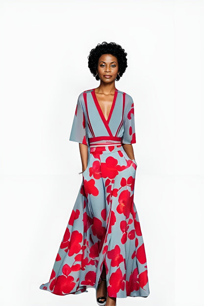 Elegant Blue Floral Jumpsuit for Women with Wrap V Neck Elbow Sleeve Wide Leg Belted Style