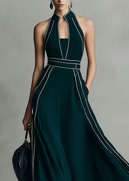 Elegant Dark Green Maxi Dress for Women with Halter Neck Sleeveless Contrast Piping Flowing Style