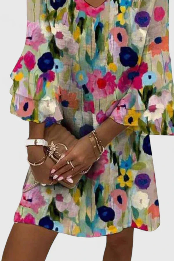 Effortless Multicolor Floral Mini Dress for Women with V Neck Flutter Sleeve Tiered Ruffle Bohemian Style