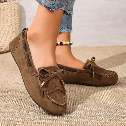Comfortable House Shoes for Women with Fringe Bow Suede Moccasin Slip On Style