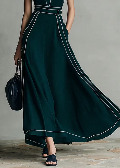 Elegant Dark Green Maxi Dress for Women with Halter Neck Sleeveless Contrast Piping Flowing Style