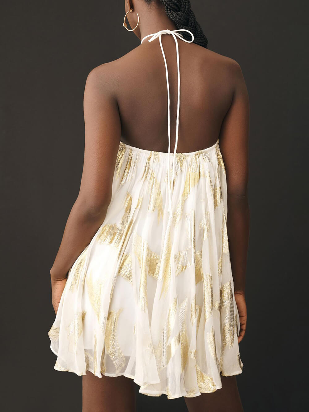 Elegant White Metallic Print Mini Dress for Women with Halter Neck Sleeveless Flowing Swing Style