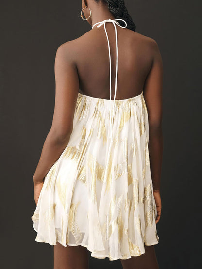 Elegant White Metallic Print Mini Dress for Women with Halter Neck Sleeveless Flowing Swing Style