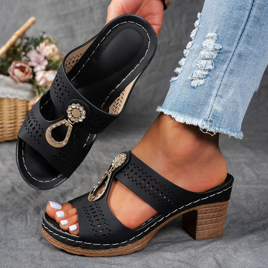 Comfortable Mules Heels for Women with Metal Ring Detail Block Heel Open Toe Slip On Style