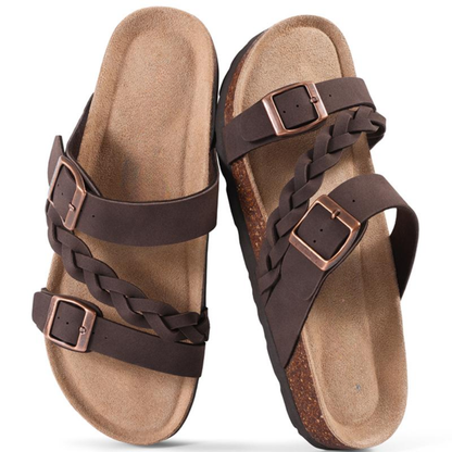 Effortless Braided Buckle Slide Sandal for Women with Double Strap Cork Footbed Casual Style