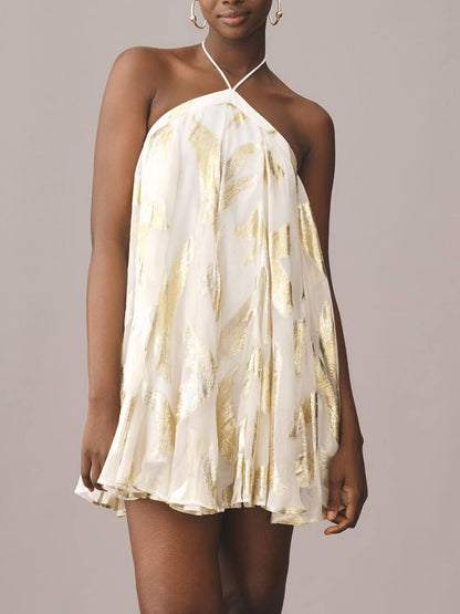 Elegant White Metallic Print Mini Dress for Women with Halter Neck Sleeveless Flowing Swing Style